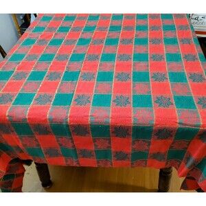 Tablecloth Jacquard Poinettia Plaid Red Green Gold Metalic 72x49" Fringe Holiday